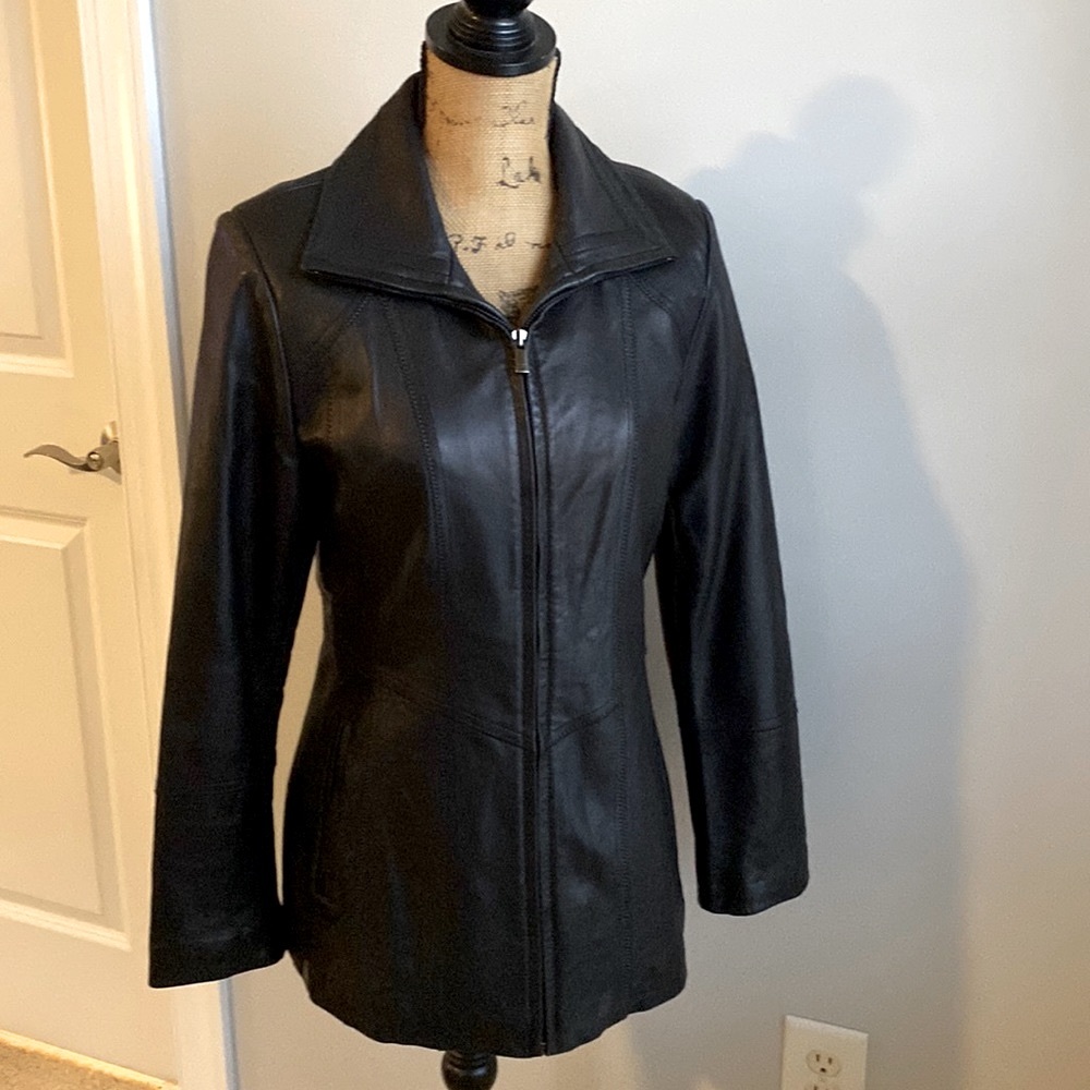 Jones New York black leather tailored jacket.